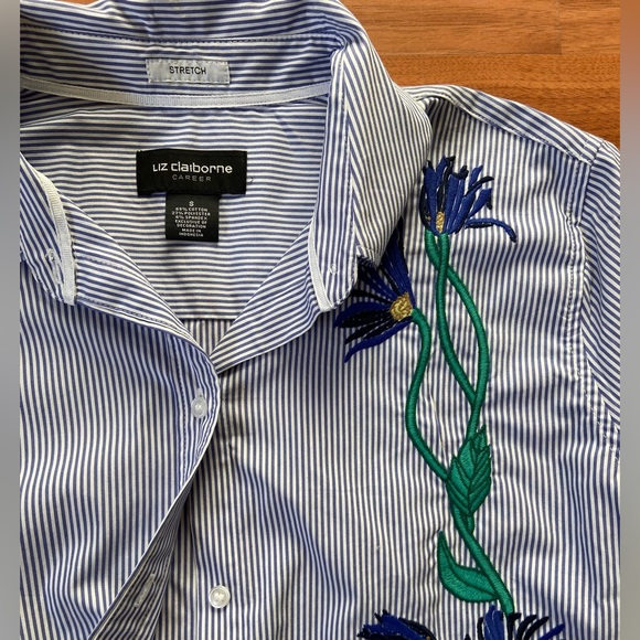 Pin Striped Button Down Long Sleeve Shirt with Embroidered Flowers - Picture 4 of 4